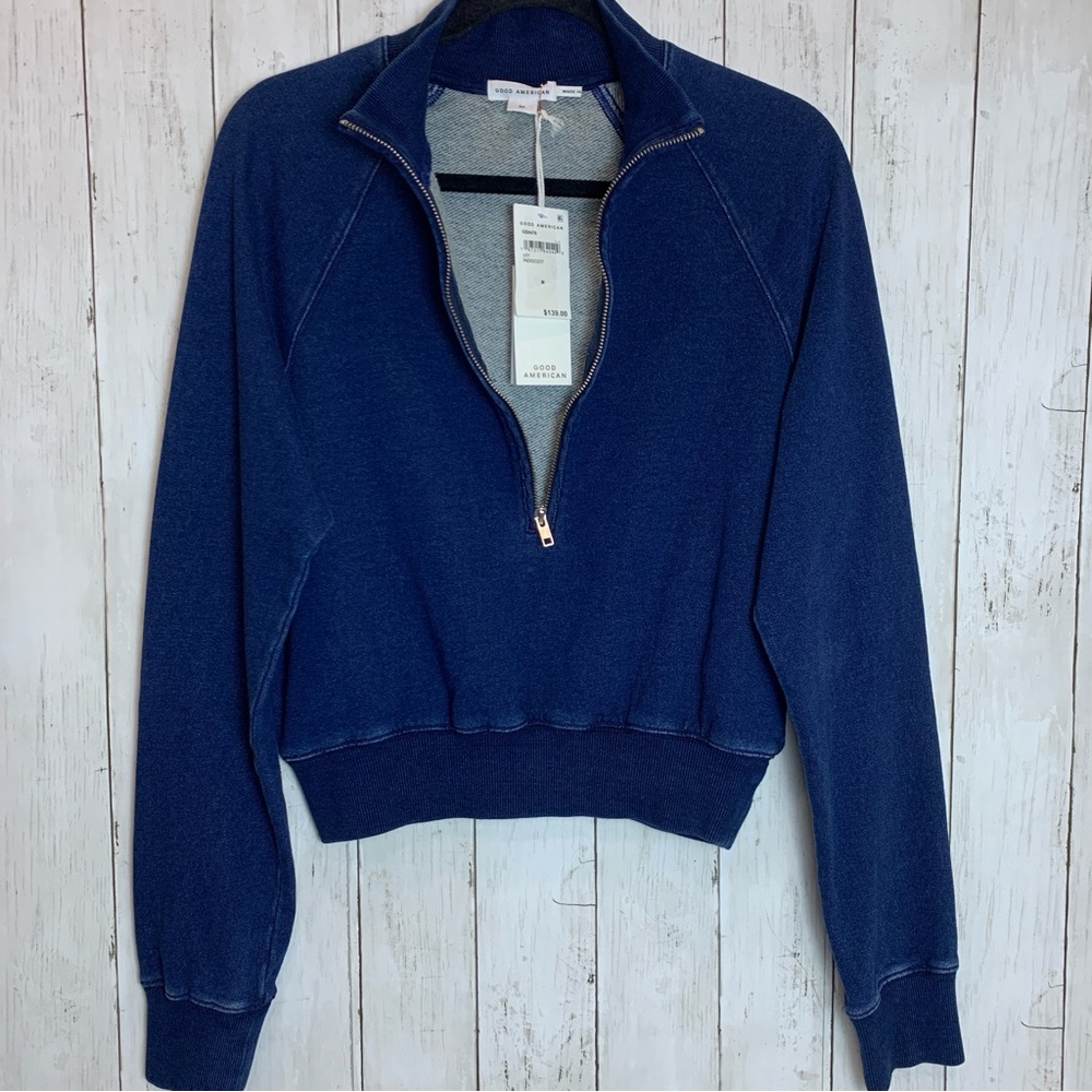 Good American Jeanius Mock Zip Pullover French Terry M Sweatshirt 100% Cotton - Picture 6 of 9